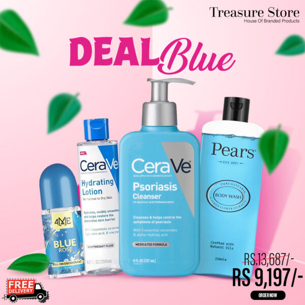 Deal Blue 4 In 1 - Roll On Deodorant 50ml + Hydrating Lotion 200 ml + Psoriasis Cleanser 237ml + Pears Body Wash 250 mle